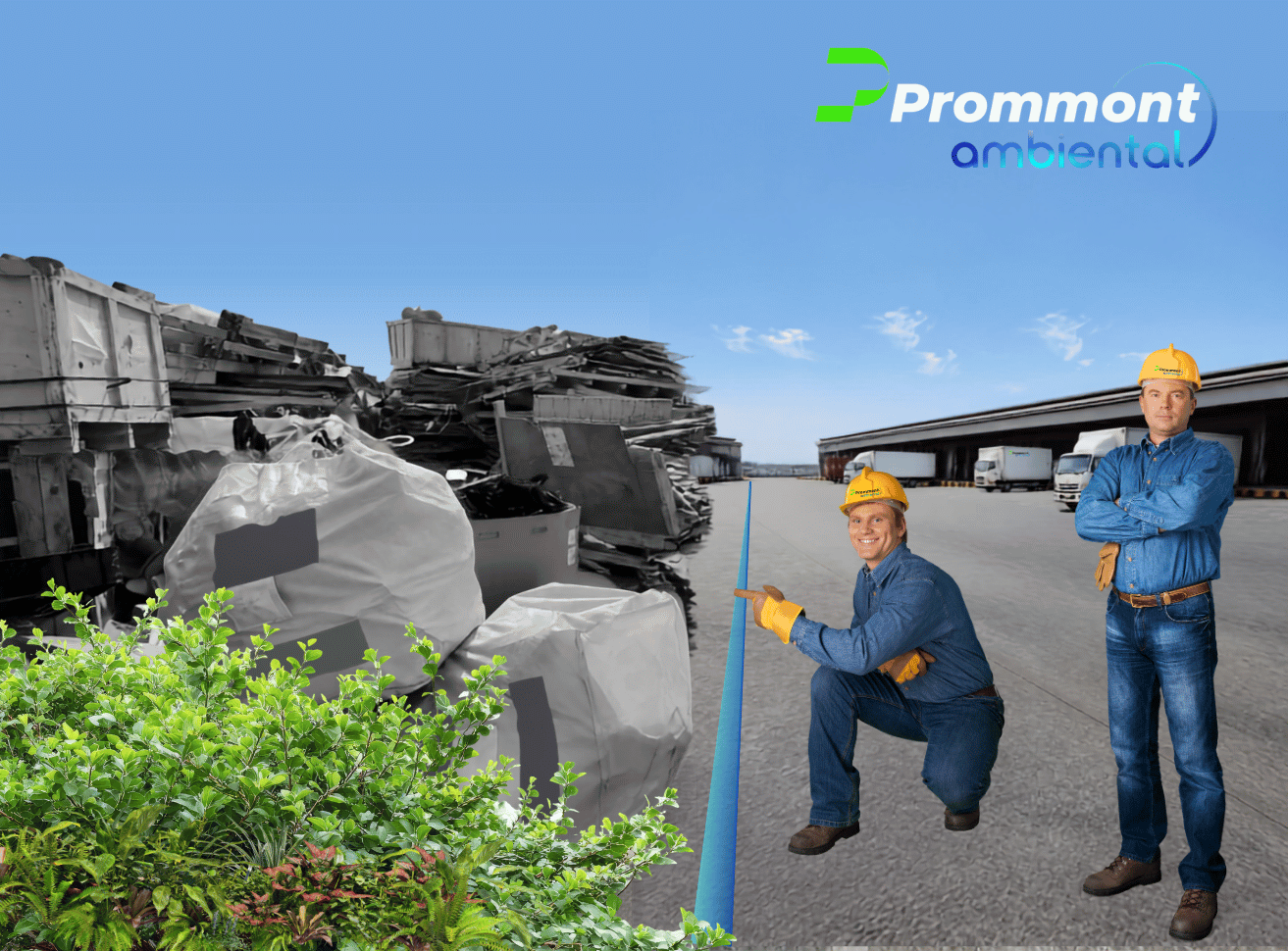 Operarios de Prommont Ambiental especializados en gestión de residuos industriales Imagen con dos operarios de de recolección residuos industriales y limpieza de Prommont Ambiental señalando la calidad de su trabajo